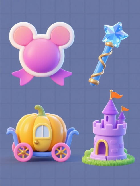 一组四个完全不同的迪士尼风格3D立体图标，保持原图像的可爱卡通风格、柔和渐变色彩（粉色、紫色、黄色、蓝色为主色调）、圆润边缘和光滑质感，元素类目为迪士尼经典元素，分别是：1. 带有米奇耳朵轮廓的粉色蝴蝶结，边缘有白色滚边，底部有飘逸的丝带；2. 蓝色魔法棒，顶端有星星形状的水晶装饰，棒身有金色螺旋纹路；3. 黄色南瓜马车，车轮为粉色，带有白色车窗和金色车门把手；4. 紫色城堡塔楼，顶部有橙色小……预览效果