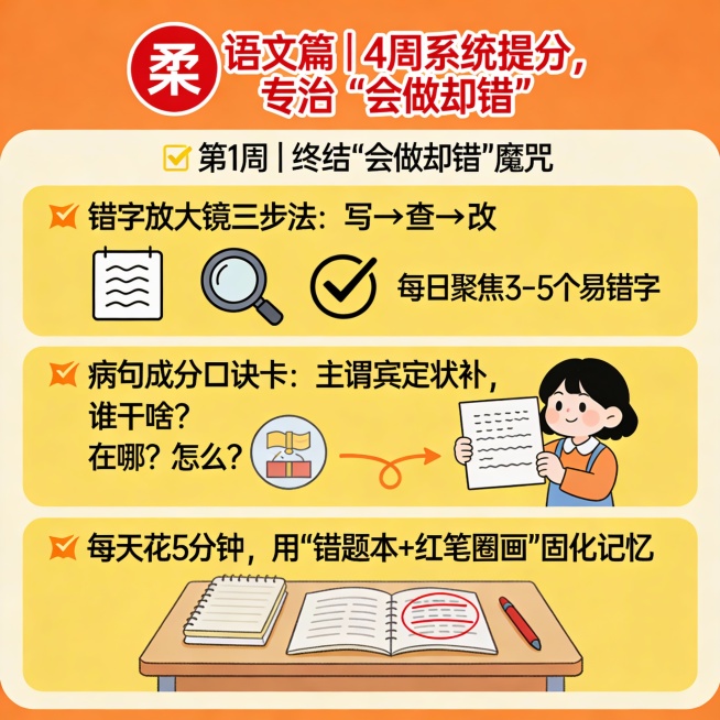 整体布局：设计一个清晰、结构化的布局，分为多个部分展示不同的内容。可以采用上下或左右分栏的形式，使得每个主题都有自己的空间。
标题区：
视觉元素：在顶部中央位置设置一个醒目的标题，“🔴 语文篇｜4周预览效果