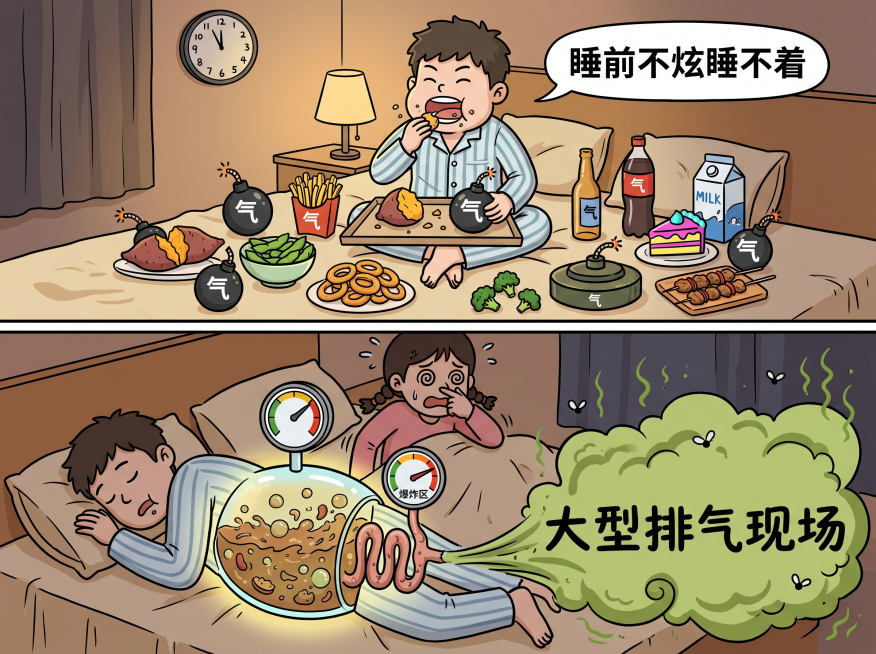 比例4:3，画面分为上下两部分：上半部分是晚餐场景：一个人深夜坐在床上，面前摆着一堆"雷区食物"：烤红薯、煮毛豆、炸薯条、洋葱圈、西兰花、啤酒瓶、碳酸饮料、牛奶盒、高糖蛋糕、重口味烧烤，这些食物都被画预览效果