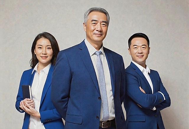 保留整体画面构图和两个男人不变，只修改左侧女人，将其改为具有中国特征的东亚女性，保持穿着蓝色西装白衬衫的造型，整体风格和光影与原图保持一致