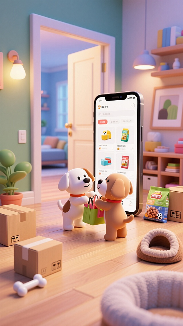 全景视角，室内门厅，两只小狗在购物。画面中心巨大的手机屏幕显示着各式各样的商品，周围快递箱、宠物粮、狗窝、骨头。背景是现代家装，明亮，有光感