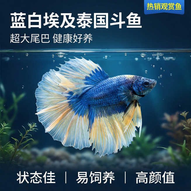 [主图 1] 蓝白双色泰国斗鱼首图
[主图主题] 精品蓝白泰国斗鱼观赏鱼
[氛围风格] 水族真实场景风格，生动自然，光影通透，高对比度吸引眼球
[画面元素] 蓝白超大尾巴斗鱼居中展示，放置在干净通透的预览效果