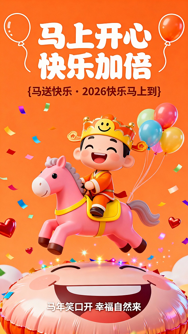 萌 3D 卡通风格，高饱和度亮橙色背景，画面中心是头戴笑脸冠、身穿橙黄相间服饰的卡通快乐神，骑在造型呆萌的 粉色小马 上，小马配有黄色鞍座与彩色气球装饰。画面底部露出一个巨大的笑脸气球边缘，空中散落着彩色纸屑与爱心。文字排版：
顶部白色艺术字标题：“马上开心 快乐加倍”（左右有对称的气球线条装饰）
标题下方深橙色花体小字副标题：“{马送快乐・2026 快乐马上到}”
底部白色小字：“马年笑口开 幸福自然来”