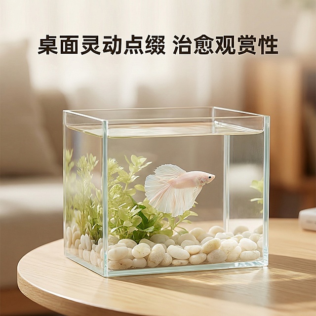 [主图 5] 饲养场景展示主图
[氛围/风格] 温馨自然，生活氛围感，干净清新
[画面元素] 将透白泰国斗鱼融入小型桌面水族造景场景，鱼缸搭配简约水草砂石，整体造景简洁不抢主体，突出斗鱼，水质干净透亮，光线柔和自然模拟室内桌面光照，斗鱼自由游动姿态优美。
[配色色系] 主色调：透白斗鱼浅粉，浅绿水草，米白砂石，浅木色桌面
[视角构图] 平视场景视角，整体构图饱满，鱼缸居中展示
[文字版式] 主标题“桌面灵动点缀 治愈观赏性”加粗字体位于画面上方，不遮挡主体，文字简洁清晰。
[比例分辨率] 1:1比例，2k分辨率，保留斗鱼原有外观特征，真实自然