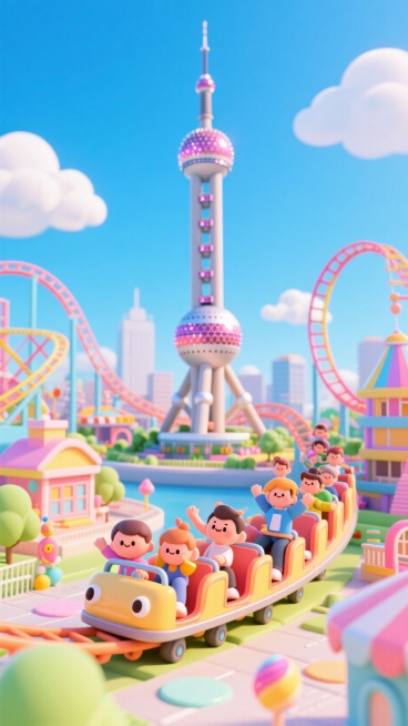 上海东方明珠塔作为主要元素，画面中是游乐园的建筑，过山车穿插其中，一群人在上面，游览景色，蓝天白云背景预览效果