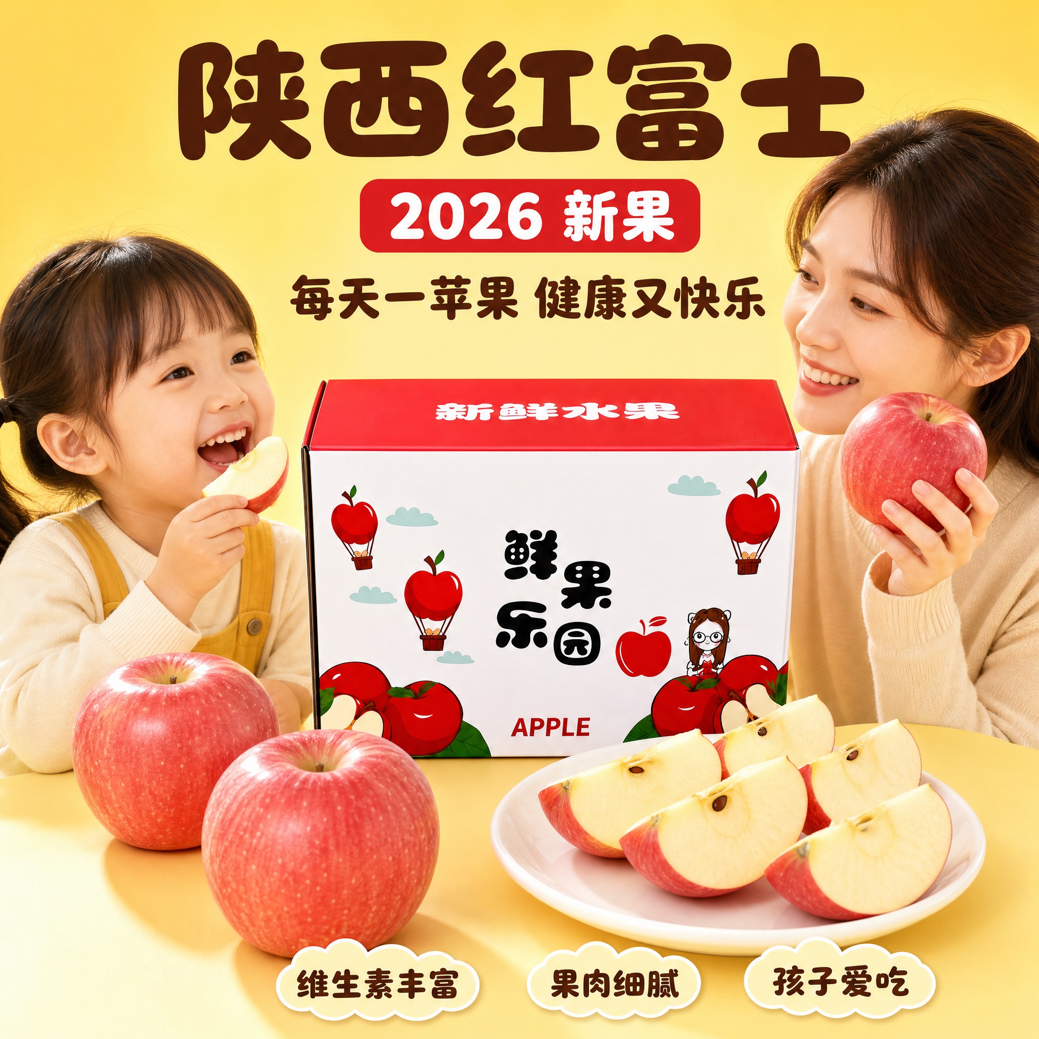 [主图-2] 鹅黄明亮亲子款陕西红富士苹果主图，核心任务是展现… - 图片创意预览