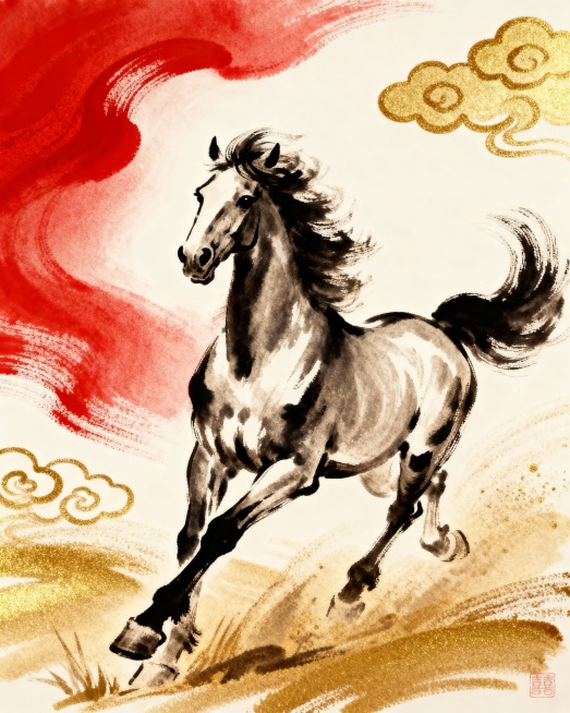 一匹向前奔跑的骏马，写意沙画风格，身形流畅，鬃毛飞扬，姿态昂扬。背景融入喜庆的红色与金色，搭配祥云或光芒点缀，画面简洁有力，充满动态与大气之感。预览效果