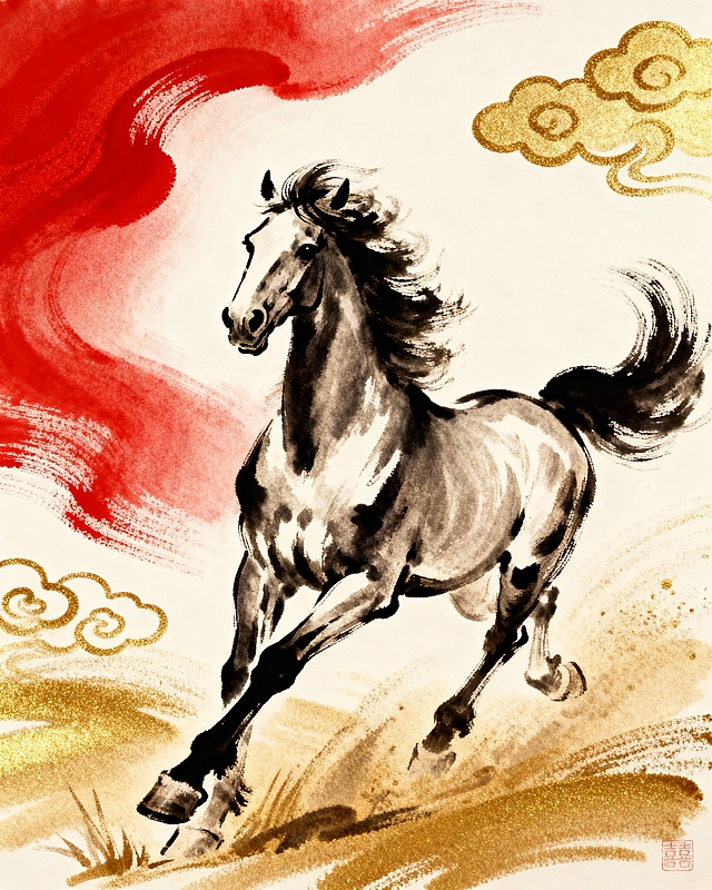 水墨风骏马奔腾，鎏金祥云点缀，红韵飘逸，工笔细腻，尽显国潮古典之美，寓意吉祥如意。