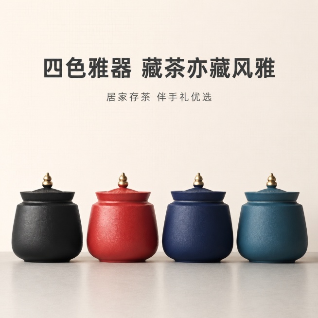 [单张主图] 四色陶瓷茶叶罐全家福展示主图，走高级氛围感主图路线，目标是直观展示四款配色，吸引目标客户。画面主体：将黑色红色蓝色藏青色四款茶叶罐全部立起摆正，横向并排整齐陈列在画面下方，所有罐体完整展预览效果