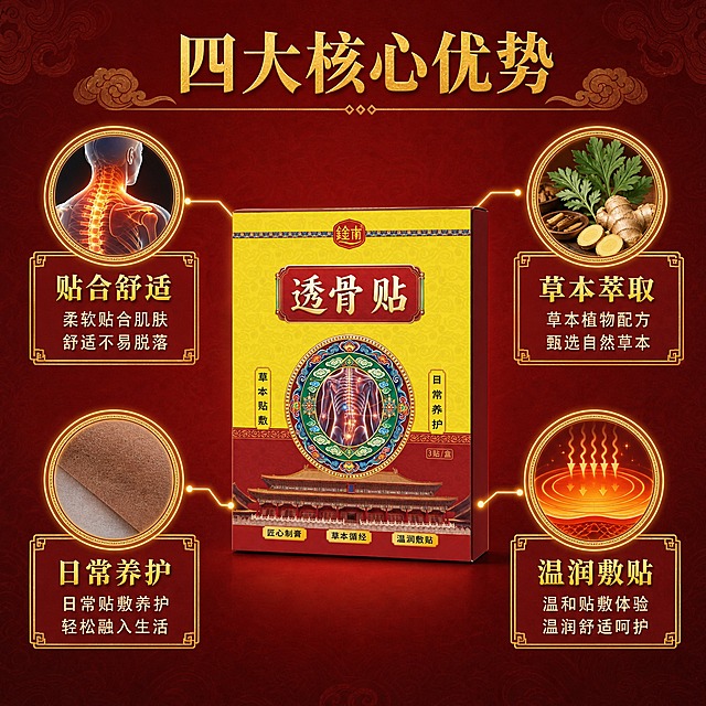 [主图-2] 鈡南透骨贴核心亮点功能说明图，以产品为中心展示草本配方与温润敷贴两大核心优势。
[统一基调] 整体风格为中式传统国潮风，背景主色为深红色渐变搭配金色装饰线条，标题字色为烫金色，辅助字色为米白色，强调色为明黄色，字体为宋体加粗，信息卡片采用中式回纹边框，与首图视觉体系统一。
[画面] 产品包装盒居中偏左放置，正面完整展示，周围以细金色引线连接四个功能亮点图标，分别指向产品不同部位。右上方引线连接草本植物图标（艾草、生姜等中药材示意），右下方引线连接温热感光波图标，左上方引线连接人体肩颈示意图标，左下方引线连接贴剂纹理放大图标。背景为深红色暗纹底，顶部有标题区。主体占比约50%。
[光影质感] 商业摄影质感，柔和顶光照射，产品立体感强，引线与图标有轻微发光效果，整体氛围专业可信。
[配色] 深红色主背景 + 金色引线与图标 + 米白色说明文字 + 产品本身红黄配色，视觉统一协调。
[文字版式] 顶部居中主标题"四大核心优势"，每个引线末端配短文案："草本萃取""温润敷贴""贴合舒适""日常养护"，文字均为横排宋体，字号大小区分标题与说明，不遮挡产品主体。
[输出要求] 1:1正方形比例，文字清晰可读，引线标注准确，产品完整。禁止变形、错字、模糊、医疗功效宣称、绝对化用语、水印、平台Logo。