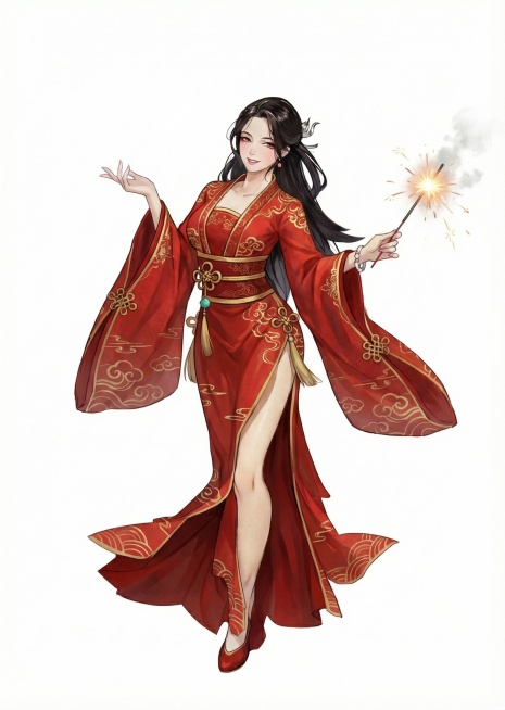 把人物的衣服换成春节的红色，适合春节穿，把手换成拿着烟花的姿势，只改变衣服，不要改变发型和脸部预览效果