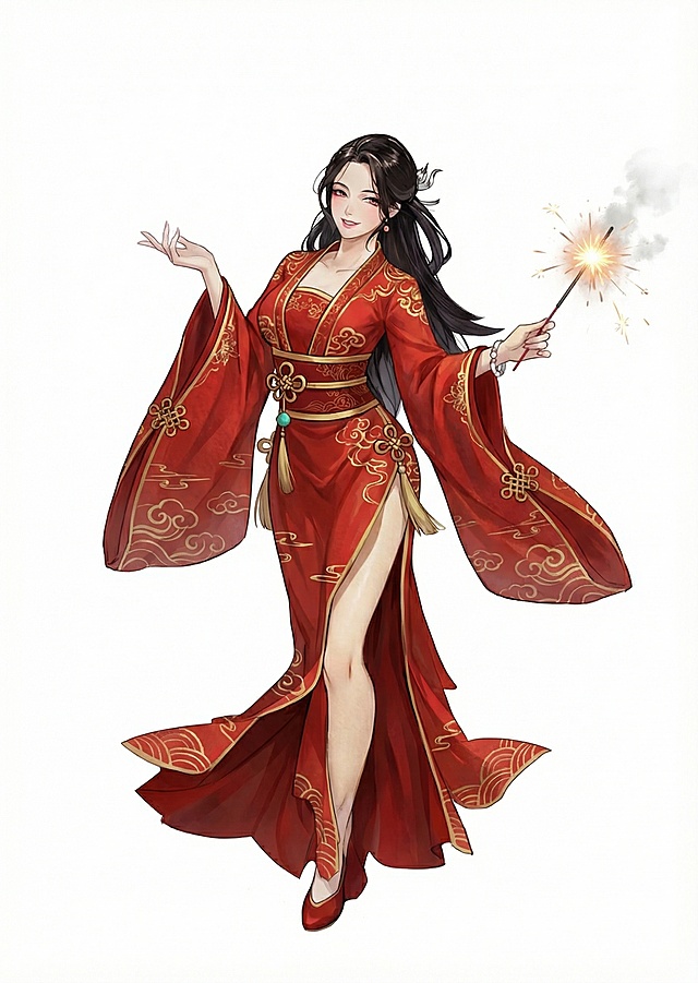 把人物的衣服换成春节的红色，适合春节穿，把手换成拿着烟花的姿势，只改变衣服，不要改变发型和脸部