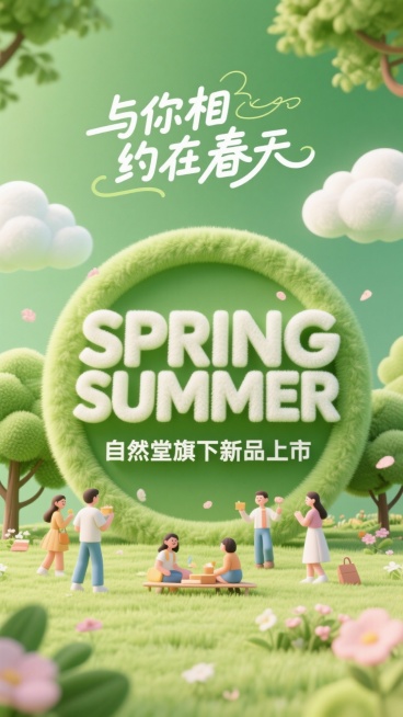 一个SPRING SUMMER的标题海报，一个大大的logo，立体，顶部创意手写标题内容“与你相约在春天”，小字内容“自然堂旗下新品上市”，绿色春天背景，云朵，树木，在春游的人，清新可爱风，空间立体感预览效果