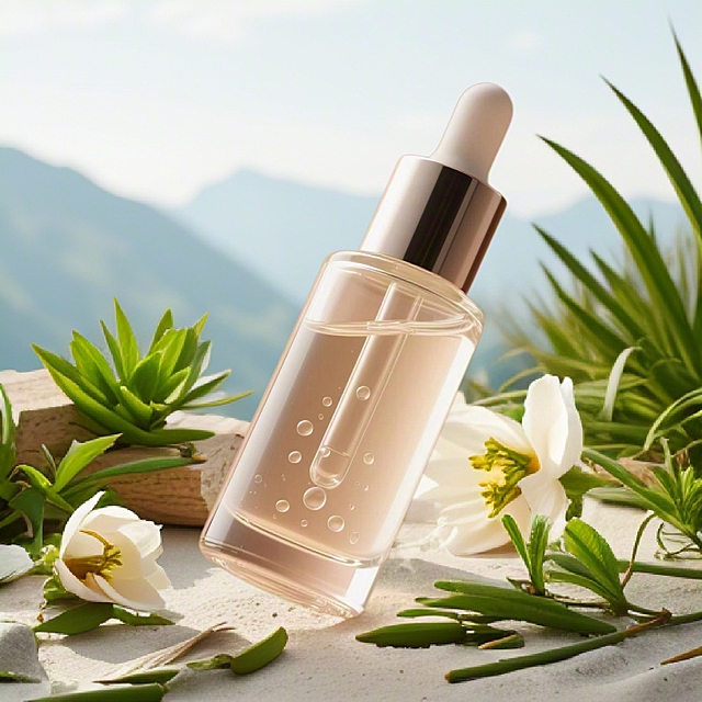 清新自然的现代简约风格，透明瓶身搭配绿植与白花，营造纯净美感。