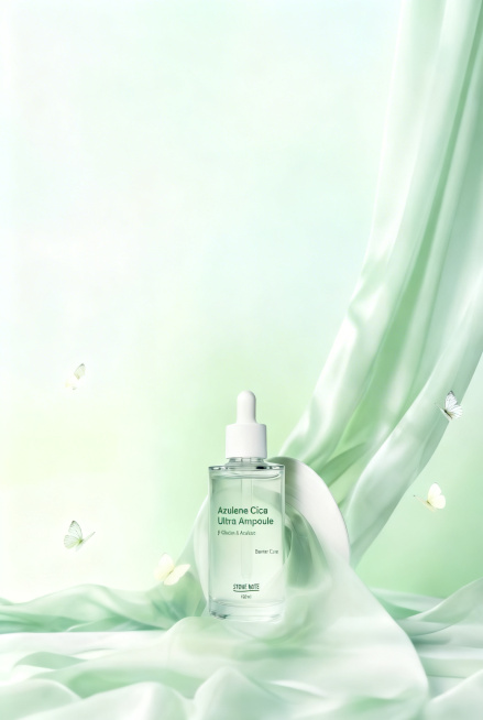 移除图片中所有棕色树枝，保留精华液产品、蝴蝶和整体浅绿色渐变布景，保持背景和绸缎光影风格完全一致，自然填充移除树枝后的区域，画面协调预览效果