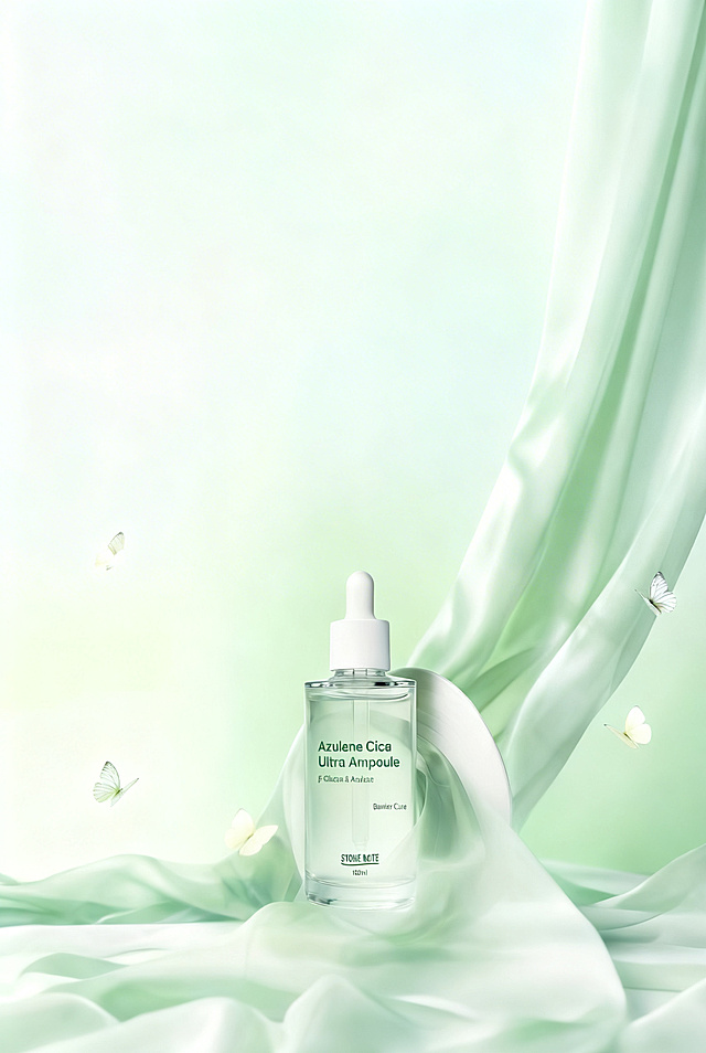 移除图片中所有棕色树枝，保留精华液产品、蝴蝶和整体浅绿色渐变布景，保持背景和绸缎光影风格完全一致，自然填充移除树枝后的区域，画面协调