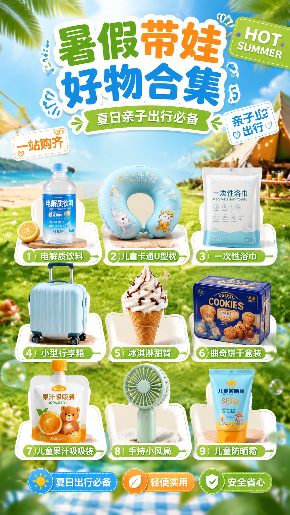 暑假带娃好物合集竖版电商海报，夏日清新明亮风格，强化夏日感、亲… - 图片创意预览