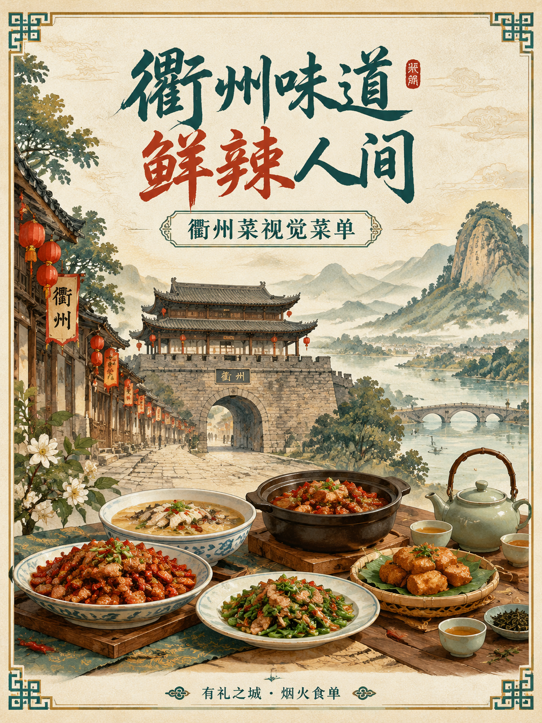 高质感国风新中式插画风格的竖版菜单封面展示卡，3:4 竖构图。… - 图片创意预览
