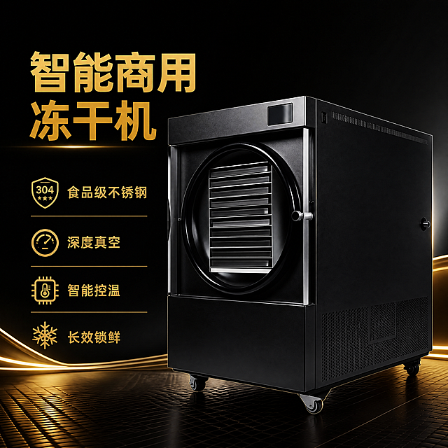 [主图-1] 商用智能真空冻干机首图
[氛围风格] 高端大气黑金风格，硬核专业工业器械感
[画质] 商业摄影质感，光线通透，产品清晰真实，画面干净高级，精细化处理
[元素] 黑色商用冻干机居中展示，保持产品外观物理结构、材质质感、颜色与输入产品图绝对一致，杜绝任何变形和色差。商品主体占比约70%，画面满屏无边框。左上角安全区留白留作品牌位，左侧摆放文字卖点，右侧产品大图。
[光影] 左侧主光打亮产品轮廓，右侧补光勾勒机身，金属部分出高光，整体明暗对比清晰，突出工业质感
[配色] 主色调黑金色，黑色背景搭配金色文字与线条点缀，高端大气上档次
[视角构图] 45度斜侧平视，产品完整展示不裁切，景深适中
[文字版式] 左侧左对齐，顶部大字主文案“智能商用冻干机”，使用阿里巴巴惠体字体，黑金配色，大字加粗；下方排列四个卖点短句“食品级不锈钢 深度真空 智能控温 长效锁鲜”，每个卖点搭配小图标，字重适中，金色文字清晰可读，不遮挡产品主体。
[比例分辨率] 1:1比例，2048x2048像素，4K分辨率，文字清晰可辨
[负向提示词] 变形，水印，文字错乱，产品图模糊，背景杂乱，色差