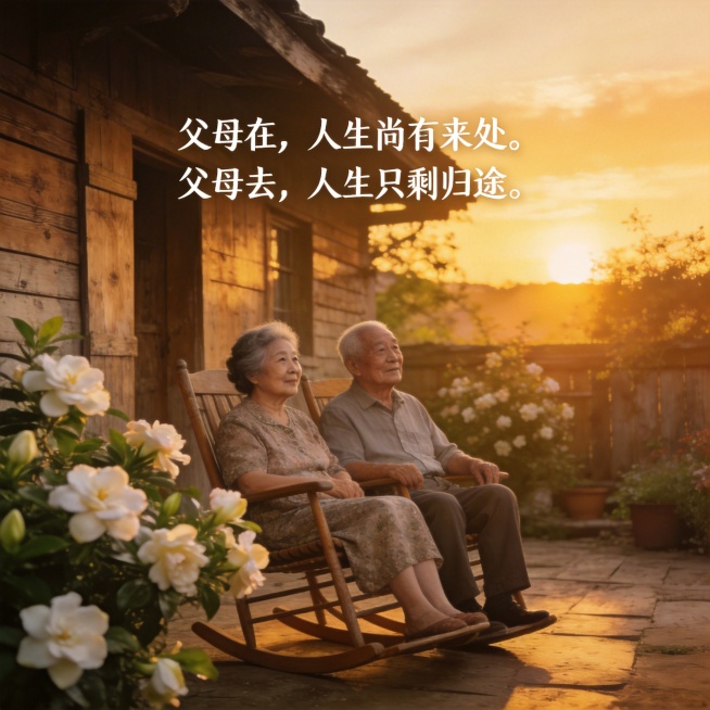 生成一张图片，添加文字内容：父母在，人生尚有来处。父母去，人生只剩归途。图片主题要和文字内容搭配预览效果