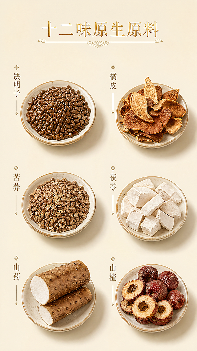 [第4屏] 多种原料3D展示，介绍油切大肚茶全部12种核心原料。
[氛围/风格] 新中式国潮轻奢3D立体渲染风格，低饱和高级国风配色，光影柔和通透，画面干净高级，所有元素均为3D建模渲染，带自然投影，细腻高光与真实肌理，立体感适中不浮夸。
[元素布局] 页面顶部为主标题，下方分两列排列6种剩余原料，每种原料单独3D立体呈现，还原食材原生肌理，搭配竖排国风文字介绍名称，排版错落有致。剩余原料为决明子、橘皮、苦荞、茯苓、山药、山楂，每一种都清晰展示原生形态与纹理。背景保持简约浅米色，不抢夺原料视觉焦点。
[光影质感] 柔光均匀覆盖，每种原料都有自然细腻高光和柔和投影，突出真实肌理质感，整体通透温润。
[配色色系] 全局底色：#F2EEDC（浅米黄调）；主体配色：天然食材原生色彩 + #5A6D3C（深绿文字）；辅助色：#D4B86A（鎏金标题）+#8B7D5F（浅褐色文字）。
[视角构图] 网格排版，上下对称均匀，每种原料大小一致，间距均匀，阅读动线从上到下清晰流畅。
[文字版式] 顶部主标题「十二味原生原料」鎏金渐变国风宋体，居中对齐，字号占画面宽度8%；每种原料旁竖排浅褐色国风宋体标注原料名称。字体统一国风宋体，核心卖点文字鎏金渐变，辅助文字浅褐色，层级清晰，排版错落有致，传统雅致。
[比例分辨率] 9:16竖版比例，4K分辨率，文字清晰可辨，超高清画质。
[负向提示词] 文字错乱，水印，多余色块，背景杂乱，实拍照片质感，立体效果浮夸，食材变形，颜色偏差，结构错误，排版拥挤。
