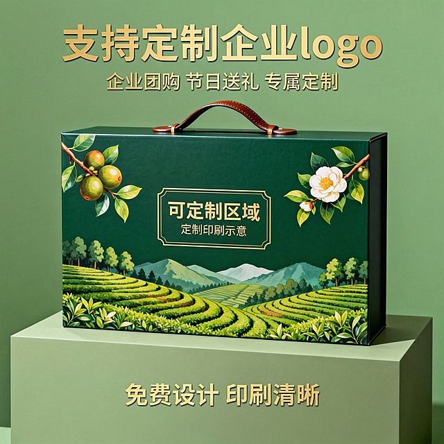 [主图 4] 山茶油礼盒logo定制服务展示
[氛围/风格]：简约商务风格，专业质感
[画面元素]：山茶油礼盒整体居中展示，保留原有外观设计和绿色包装，在礼盒正面预留logo展示区域，示意可定制印刷，背景保持简约浅绿，突出定制服务属性
[配色色系]：墨绿色礼盒，浅绿背景，金色文字醒目
[视角构图]：平视居中构图，主体突出
[文字版式]：主标题“支持定制企业logo”金色粗体居中上方；副标题“企业团购 节日送礼 专属定制”金色小字，底部总结卖点“免费设计 印刷清晰”，排版简洁，信息层级分明
[比例分辨率]：1:1比例，2k分辨率，保持产品外观配色与原图完全一致