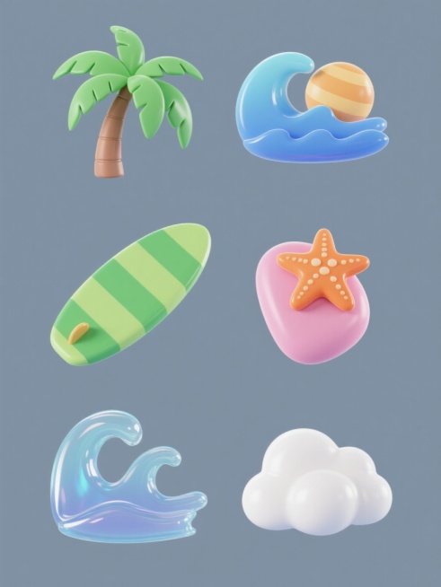 3D风格，六个规整排布的夏日主题素材，每个素材包含冲浪板、绿色棕榈树、蓝色海浪、橙色海星、粉色鹅卵石、白色云朵等夏天氛围元素，整体造型简约现代，采用纯色背景，物体表面有光滑的渐变色彩和轻微反光，海浪呈现半透明果冻质感，棕榈树叶有清晰的脉络纹理，所有元素无文字、无logo、无水印，保持统一的3D卡通渲染风格。预览效果