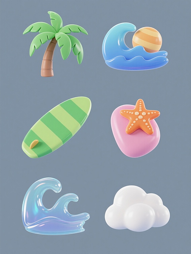3D风格，六个规整排布的夏日主题素材，每个素材包含冲浪板、绿色棕榈树、蓝色海浪、橙色海星、粉色鹅卵石、白色云朵等夏天氛围元素，整体造型简约现代，采用纯色背景，物体表面有光滑的渐变色彩和轻微反光，海浪呈现半透明果冻质感，棕榈树叶有清晰的脉络纹理，所有元素无文字、无logo、无水印，保持统一的3D卡通渲染风格。