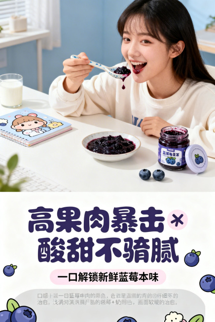 「图片1」第1屏：主视觉封面（引流屏）主标题：软萌蓝莓果酱✨ 一口解锁治愈感副标题：高果肉无添加 颜值与口感双在线排版布局：上半部分为主副标题（居中对齐，主标题深蓝莓紫加粗，副标题浅粉色，字体圆润卡通预览效果