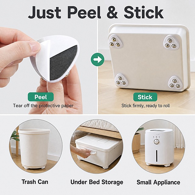 [主图-4] Self Adhesive Caster Wheels 3-Ball Design 安装便捷性场景图。
[统一基调] TikTok Shop跨境极简风，浅冷灰背景，深灰主标题字，绿色强调色，移动端大字易读，全套统一无衬线粗体英文字体。
[画面] 上下分栏布局。上半部分：顶部大标题 "Just Peel & Stick"，下方左侧是一只欧美女性的手（仅手部，肤色白皙，指甲干净自然）正在撕开三角款三珠轮背胶的离型纸，特写背胶粘贴面，黑色泡棉胶清晰可见。右侧是安装完成的收纳箱底部仰视视角，4颗三珠轮整齐贴在白色收纳箱底部四角，三颗钢珠清晰朝下。下半部分：三个圆形场景小窗横向排列，分别展示三种应用场景：① 垃圾桶底部安装 ② 床下收纳盒拉出状态 ③ 小型家电底部移动，每个小窗下方配英文说明："Trash Can" / "Under Bed Storage" / "Small Appliance"。产品外观与输入图一致：三角底座+三钢珠。
[光影质感] 柔和室内自然光，场景真实自然，产品与载体连接自然无穿模，接触阴影真实。
[配色] 浅冷灰背景，深灰文字，绿色强调色用于安装状态标注，木色/白色场景元素。
[文字版式] 上半部分左右结构，下半部分三圆窗等距排列，文字均为英文，主标题粗体大号，说明文字小号，移动端易读。
[输出要求] 比例1:1，场景真实，产品清晰，无变形，无错字，无水印，无平台Logo，无中文。