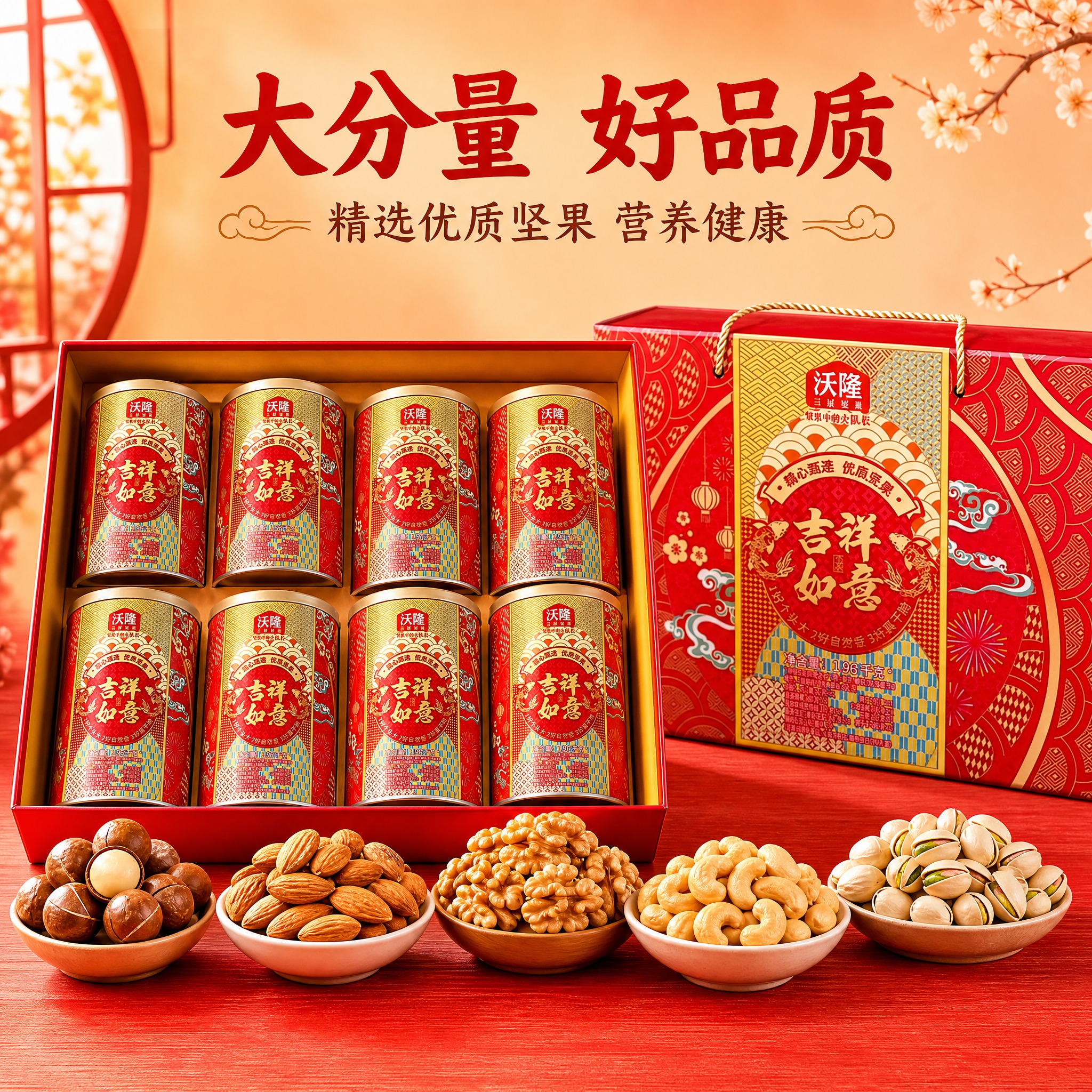[主图-2] 沃隆吉祥如意坚果礼盒卖点图，展示优质坚果与大分量… - 图片创意预览