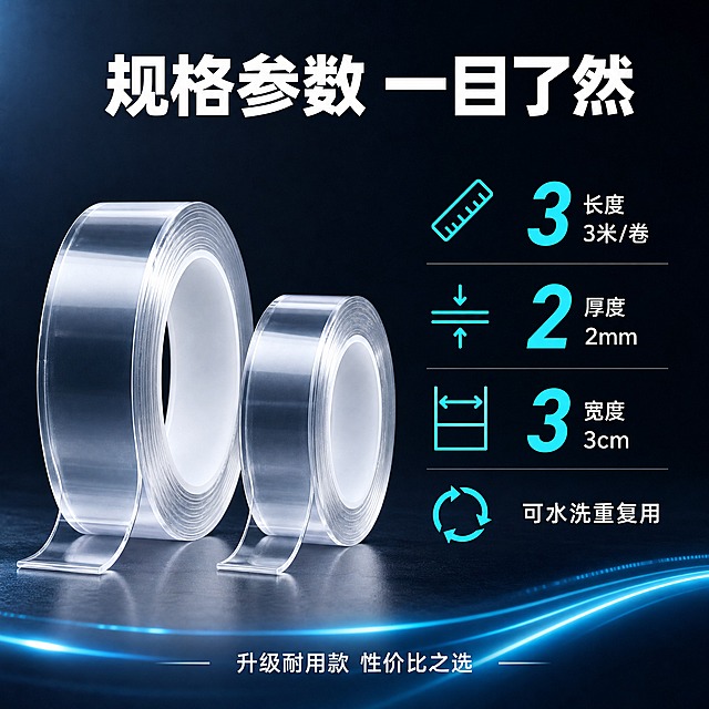 [主图-5] 纳米胶规格参数与套装展示图，帮助用户了解产品信息。
[统一基调] 深灰蓝渐变背景，科技感光效点缀，标题白色粗黑体，亮青色强调色，青蓝色辅助色，简洁专业的功能工具感风格。
[画面] 画面左侧展示两卷纳米胶套装，一大一小并排立放，透明胶体质感通透，卷芯为白色。右侧是规格参数信息区域，用简洁的图标和文字呈现。画面底部有一条亮青色光带装饰。产品和信息区域各占画面约50%，左右布局平衡。
[光影质感] 商业摄影质感，两卷胶带受光均匀，表面有高光反射，底部有自然投影，整体光线干净明亮，突出产品的品质感和通透感。
[配色] 背景深灰蓝渐变，产品透明无色，标题白色，参数数字亮青色，图标亮青色线条，说明文字浅灰色。
[文字版式] 画面顶部居中大标题"规格参数 一目了然"白色粗黑体。右侧参数区从上到下排列：第一个图标是尺子图标+亮青色大号数字+白色小字"长度 3米/卷"；第二个图标是厚度图标+亮青色大号数字+白色小字"厚度 2mm"；第三个图标是宽度图标+亮青色大号数字+白色小字"宽度 3cm"；第四个图标是循环箭头图标+白色小字"可水洗重复用"。每个参数项之间有适当间距，图标和文字左对齐排列。画面底部有一行白色小字"升级耐用款 性价比之选"。文字全部放在右侧负空间，排版整齐清晰。
[输出要求] 1:1正方形，2048x2048，文字清晰锐利，产品展示清楚。负向：变形、错字、模糊、杂乱、水印、平台Logo、参数数字错误、胶带颜色发黄、胶体浑浊。