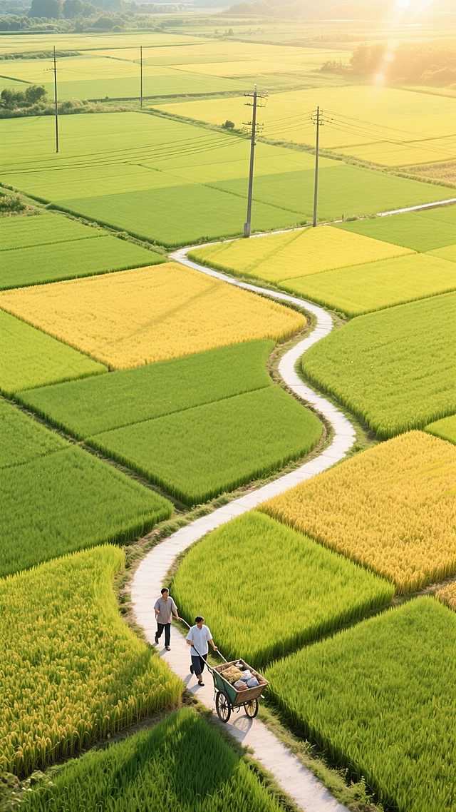 航拍视角下的稻田风光，由深浅不一的翠绿与金黄稻田组成，呈现出几何块状的拼接图案，蜿蜒的白色小径穿梭其间，小径上有两人推着一辆装满物品的手推车，远处有几根电线杆和电线横跨田野，阳光明媚，光线充足，色彩鲜艳饱和，具有高度的写实感和自然的田园氛围。