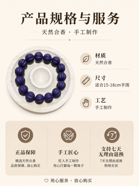 [第8屏] 产品规格与服务提示，促进下单转化。保持手串颜色材质纹理与输入原图一致。
[氛围/风格] 简洁清晰排版，干净素雅，和整体风格统一。
[元素布局] 手串小图放在画面左上位置，右侧分条列出产品规预览效果