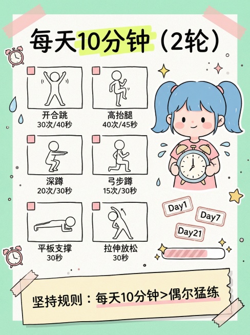 小红书风格竖版信息图，3:4比例，米白＋薄荷绿清新背景，浅粉点缀，蓝色双马尾甜美Q版小女生IP，矢量插画风格，手绘可爱风格，全手绘卡通无写实元素，右下角无水印。上方是手绘标题“每天10分钟（2轮）”，预览效果