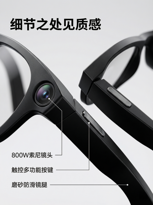 [主图 3] 智能眼镜核心细节微距特写
[氛围/风格] 商务简约，质感高级，微距清晰
[画面元素] 保持产品整体外观和原图一致，微距特写展示眼镜两侧摄像头和功能按键区域，放置在极简浅灰色背景上，侧逆光预览效果
