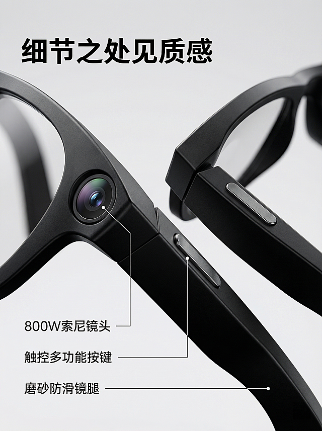 [主图 3] 智能眼镜核心细节微距特写
[氛围/风格] 商务简约，质感高级，微距清晰
[画面元素] 保持产品整体外观和原图一致，微距特写展示眼镜两侧摄像头和功能按键区域，放置在极简浅灰色背景上，侧逆光勾勒产品轮廓，突出金属按键的细腻质感和摄像头玻璃折射效果，保留产品原有黑色哑光磨砂质感。
[配色色系] 主色调：深空黑产品，浅灰背景；文字白色
[视角构图] 中近景微距特写，焦点清晰落在按键和摄像头区域，背景虚化突出主体
[文字版式] 左上角主标题 "细节之处见质感" 加粗；左下角三个引线标注："800W索尼镜头" "触控多功能按键" "磨砂防滑镜腿"，引线纤细，文字清晰，不遮挡核心特写区域。
[比例分辨率] 3:4比例，2K分辨率。