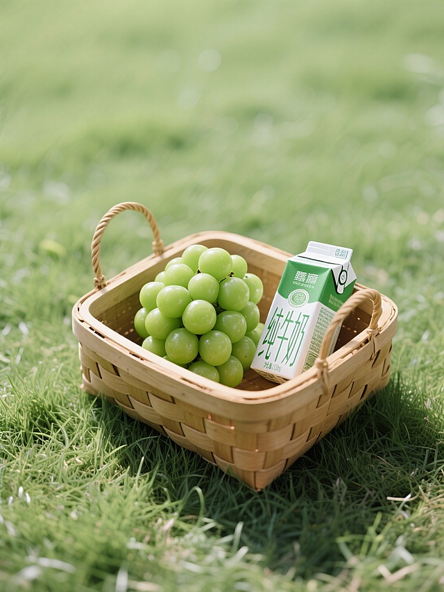 清新绿意，简约竹篮盛放青提与牛奶，自然实景感，传递健康生活理念。