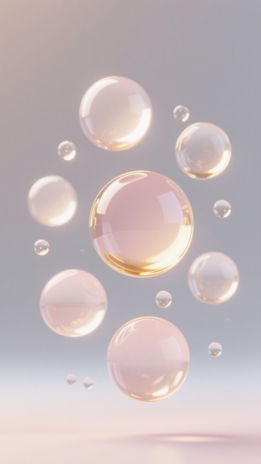 3D渲染风格，以白色和淡粉色为主色调，纯净柔和的光影效果，高光处带有金色光泽，多个大小不一、半透明的球体和水珠悬浮在空中，球体表面光滑细腻，水珠晶莹剔透，整体构图呈现轻盈、梦幻、悬浮的氛围，突出球体的立体感和透明质感，画面简洁干净，充满优雅的精华质感。预览效果