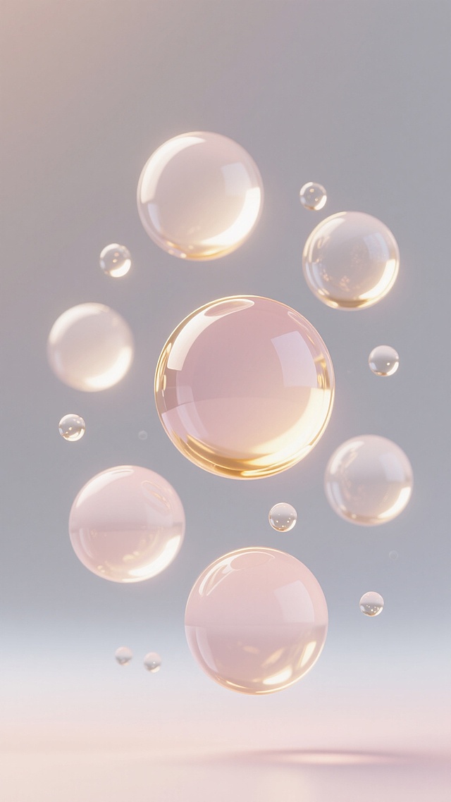 3D渲染风格，以白色和淡粉色为主色调，纯净柔和的光影效果，高光处带有金色光泽，多个大小不一、半透明的球体和水珠悬浮在空中，球体表面光滑细腻，水珠晶莹剔透，整体构图呈现轻盈、梦幻、悬浮的氛围，突出球体的立体感和透明质感，画面简洁干净，充满优雅的精华质感。