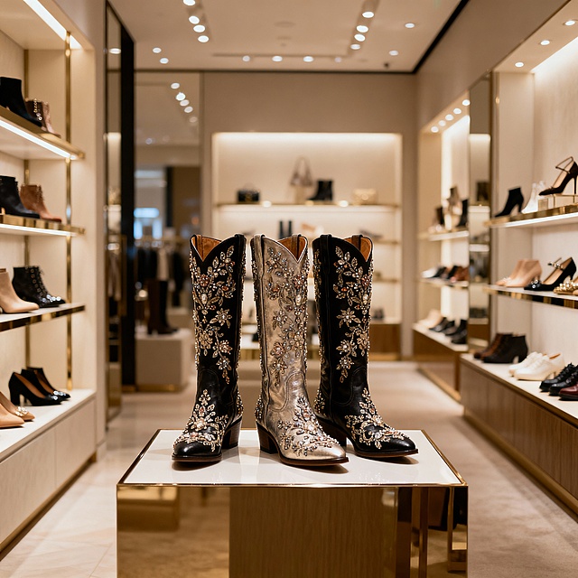帮我生成一个跟图片差不多的靴子展示场景，远景，展示台上放着三双高筒靴子，背景是鞋店