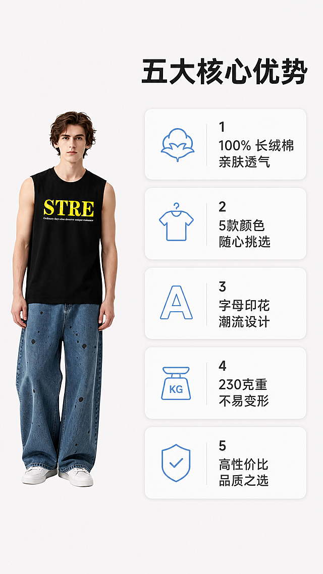 [第2屏] 产品核心卖点总览介绍
[氛围/风格] 简洁信息展示风，浅白背景，清晰易读，突出核心优势
[元素布局] 左侧保留黑色印花背心产品小图，占据左侧35%区域，保持产品外观颜色与原图一致。右侧区域分点展示五大核心卖点，每个卖点配简约线性图标和文字说明。整体排版干净，信息层级分明，无边框满铺。
[光影质感] 均匀布光，每个卖点区域清晰分明，文字清晰不模糊
[配色色系] 全局底色：#F5F5F5；主体配色：黑色产品+深灰文字+浅蓝图标；辅助色：#FFFFFF卡片背景
[视角构图] 左产品右信息版式，平视构图，信息一目了然
[文字版式] 顶部大标题“五大核心优势”，黑色粗体。右侧五个卖点依次排列：
1 图标+文字“100% 长绒棉 亲肤透气”
2 图标+文字“5款颜色 随心挑选”
3 图标+文字“字母印花 潮流设计”
4 图标+文字“230克重 不易变形”
5 图标+文字“高性价比 品质之选”
每个卖点使用圆角浅白卡片承载，行距均匀，移动端清晰可读
[比例分辨率] 9:16竖版，2K分辨率，文字清晰可辨，超高清
[负向提示词] 图标错乱，文字重叠，产品变形，颜色偏差，背景杂乱