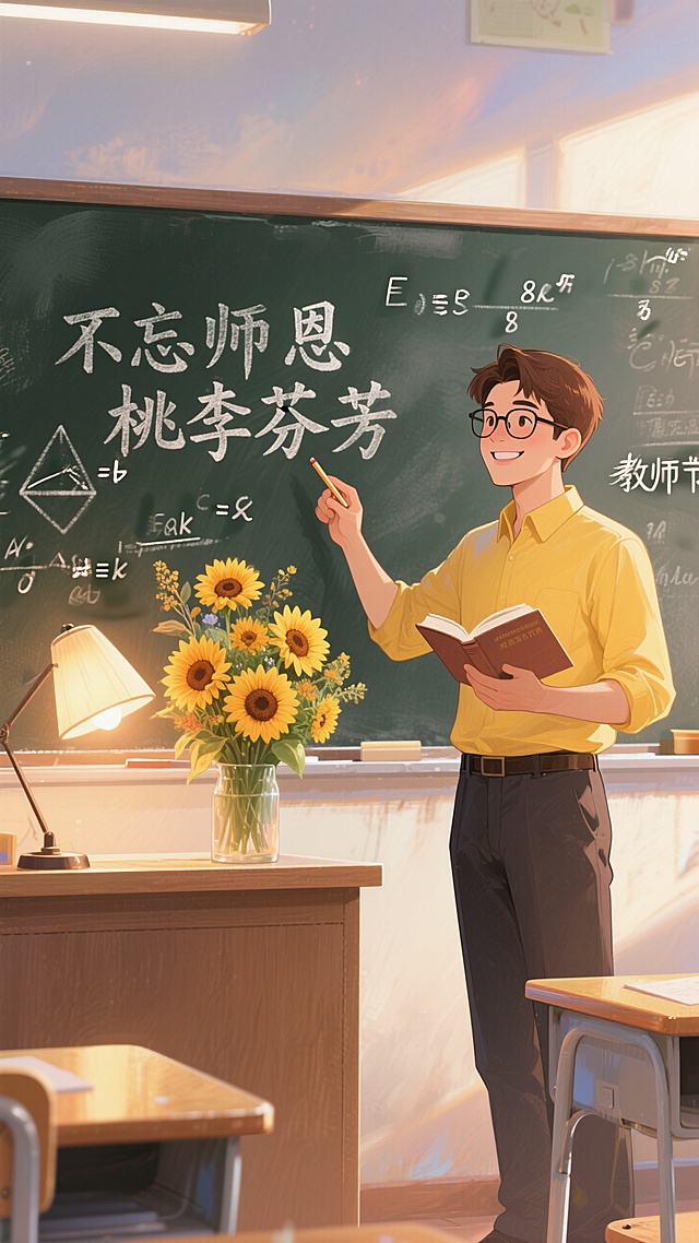 杰作，8K，教师节感恩主题插画。
一位戴眼镜、棕色短发、笑容亲切的男老师（穿黄上衣、深色裤子）站在画面右侧，左手持书，右手用粉笔指向黑板。黑板上有几何公式和“不忘师恩 桃李芬芳”字样。讲台上有大束向日葵和一盏发光的暖色台灯。整体光线温暖明亮，氛围温馨感人，超高细节。