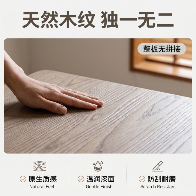 [主图 3] 浅灰色实木桌面板材质细节展示
[氛围风格] 家庭简约风，高级材质质感
[画质] 商业摄影质感、光线柔和通透、产品清晰真实、画面干净高级
[元素] 全屏放大展示浅灰色实木桌面板的天然木纹细预览效果