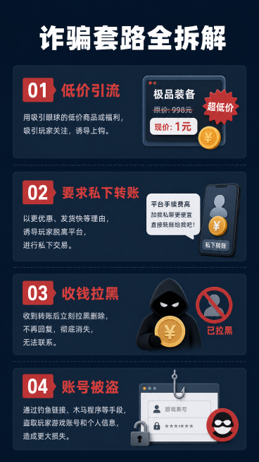 [第3屏] 典型诈骗套路手段拆解。
[氛围/风格] 深度解析科普风格，清晰理性，图文分步展示，逻辑感强。
[元素布局] 顶部大标题，下方按流程从上到下展示诈骗四步套路：第一步"低价引流"，用吸引眼球的预览效果