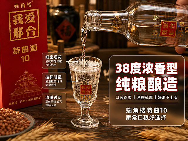 [主图-3] 主题：38度浓香型 纯粮酿造 口感绵柔不上头。唯一任务：细节与品质展示，突出酒质口感和酿造工艺，建立品质信任。
[统一基调] 抖音风格，场景化接地气，暖色调家庭餐桌氛围，主色暖木棕+酒红+米白，标题字用粗厚黑体红底白字或白字红边，辅助字用清爽黑体深棕色，强调色用酒红色，字体厚重有力有冲击力，卡片用圆角半透明米白底，整体真实生活感不花哨。
[画面] 产品为端角楼特曲10白酒，保持原图外观、颜色、文字、结构完全一致。画面聚焦酒瓶和酒液细节：酒瓶倾斜倒酒，清澈的酒液流入透明玻璃酒杯中，酒杯中有细密的酒花，酒液挂杯明显。旁边放红色包装盒一角。背景是深色木质桌面，虚化的中式酒具或粮食原料（高粱、小麦）点缀，呼应纯粮酿造。产品主体占画面约60%，倒酒动态有视觉冲击力。微距展示酒液的通透质感和酒花细节。
[光影质感] 侧逆光突出酒液通透感，酒液金黄透亮有光泽，玻璃酒瓶和酒杯有精致反光，桌面有柔和阴影，整体有品质感但不奢华，符合口粮酒定位，商业摄影质感。
[配色] 深木棕背景主色，酒红色强调，酒液金黄透亮，米白辅助，产品本身的红、金、透明玻璃色自然呈现。
[文字版式] 右侧或下方放文案。主标题大字："38度浓香型 纯粮酿造"，下方辅助文案分行："口感绵柔 | 酒香醇厚 | 好喝不上头"，再下方小字："端角楼特曲10 家常口粮好选择"。用引线标注酒花、挂杯、清澈酒液等细节点，每个标注配简短说明文字。文字放在半透明深色圆角卡片上，白字清晰可读。
[输出要求] 比例4:3，文字清晰无错字，产品清晰完整不变形，真实场景融合自然，禁止出现平台Logo、水印、二维码、绝对化用语，禁止人物面部畸形、手指异常，禁止悬浮穿模。