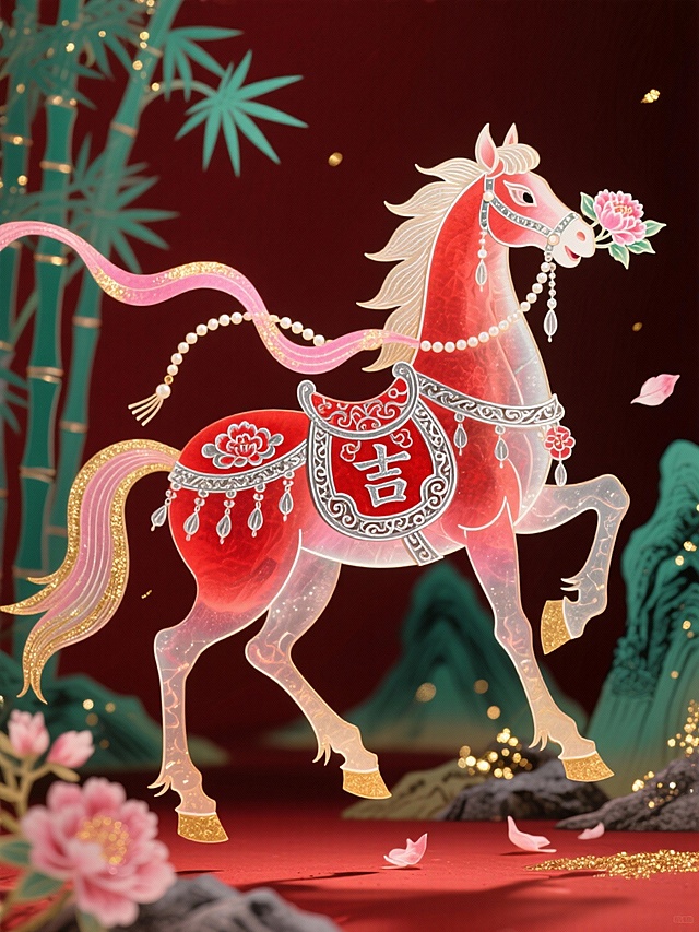 皮影艺术（半透明，），主体是绯红仙马（马身饰银色 “吉” 字与绯红牡丹纹样，鞍具绣银线云纹，毛发通透带珠光），呈昂首衔牡丹、前蹄微扬姿态。周身环绕粉金渐变华丽飘带，飘带缠绕珍珠流苏，灵动飘逸。背景为深红底色，搭配青绿竹影山水，竹枝挺拔、山石清雅，融入细碎金星光效与飘落牡丹花瓣，色调以深红、粉金、青绿为主，柔美又喜庆。