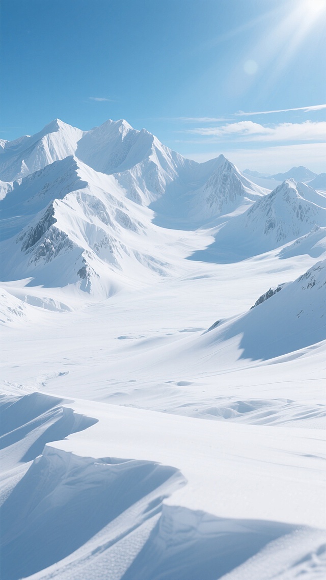 高清晰3D渲染风格的雪山场景，画面以纯净的白色和深浅不一的蓝色为主色调，阳光从左上方照射，在雪山上形成明亮的高光和深邃的阴影，展现出细腻的冰雪质感和光滑的表面过渡。远处的雪山群峰耸立，山顶覆盖着厚厚的积雪，山脊线清晰锐利，近处的雪原上有柔和起伏的雪坡和被风吹出的纹理。天空是清澈的湛蓝色，点缀着几缕轻薄的白云，整体营造出宁静、壮丽且寒冷的极地氛围。