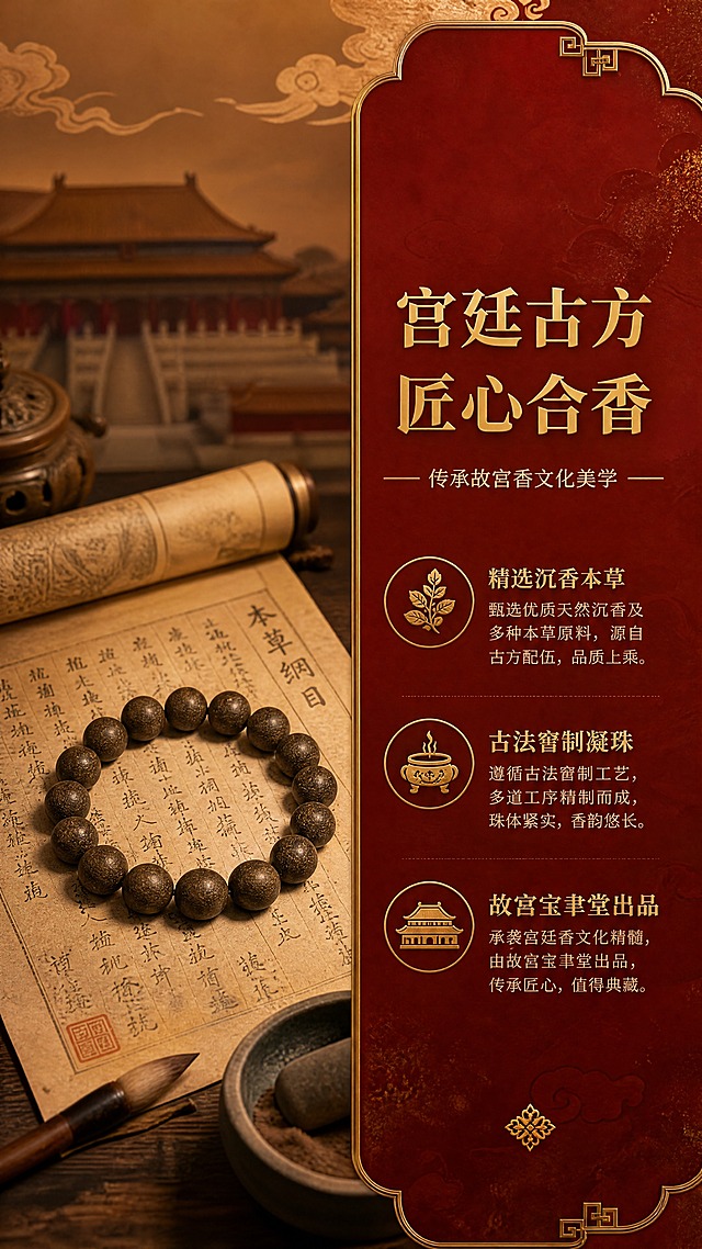 [商品] 使用【图1】沉香合香珠手串；保留珠串全貌、深棕褐色、圆珠结构与合香材质；画面中珠串作为成品展示，不改变形态。
[画面] 页面目标：工艺故事与文化价值，提升产品内涵。构图：左侧珠串置于古卷轴旁，右侧文字区讲述工艺；主体占画面40%。景别：中景。前中后景：前景展开的古药方卷轴与毛笔、研钵，中景珠串放在卷轴中央，背景虚化故宫建筑轮廓与祥云纹样，营造宫廷造办处的历史感。
[视觉] 套系策略：风格=东方宫廷国风商业摄影；标题字=宋体衬线粗体；正文字=简洁宋体；主色=故宫红+深棕木色；背景延展=基于故宫红做深浅渐变、暗纹祥云、金箔质感点缀；强调色=鎏金色，仅用于小面积图标、引线和装饰线条；标题色=鎏金色；正文色=米白色；组件=中式回纹边框、圆角朱红信息卡、细线引线；光影=暖调侧光，营造古朴厚重的历史氛围。
[文字] 右侧主标题"宫廷古方 匠心合香"，副标题"传承故宫香文化美学"，下方3个工艺点：「精选沉香本草」「古法窨制凝珠」「故宫宝聿堂出品」；文字区位于右侧，朱红底鎏金字，排版竖排感但文字横排。
[规格] 图片比例9:16竖版，4K，避免变形、错字、文字过小、冷蓝背景、珠串颜色改变、现代元素乱入。