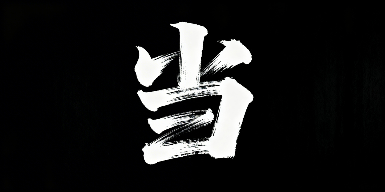 黑底白字，文艺手写字体““当
”，艺术字体设计，笔画巧妙延长变形，带有极强的水墨笔刷效果，视觉震撼；整体呈现极强的艺术写作风格，画面简洁大气预览效果